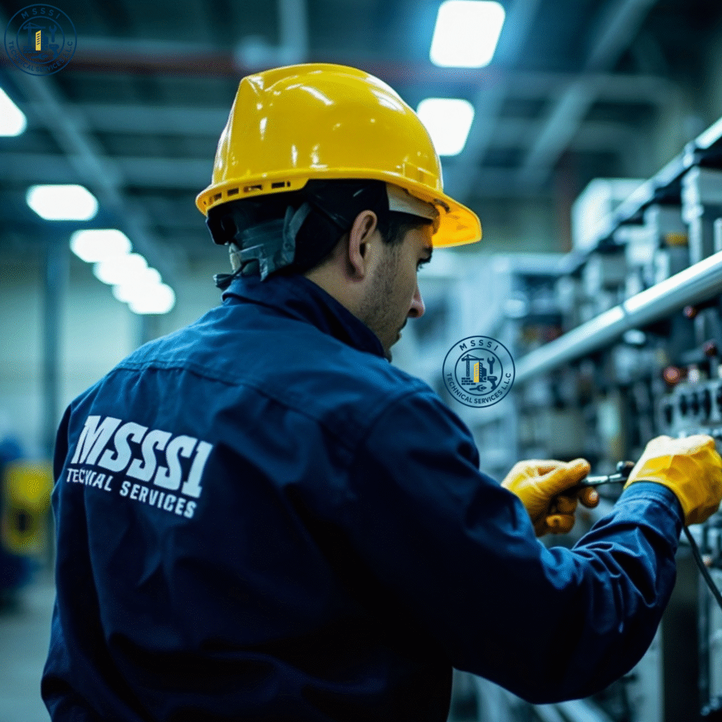 Skilled technicians performing precision maintenance and calibration on a large industrial water pump and control system.