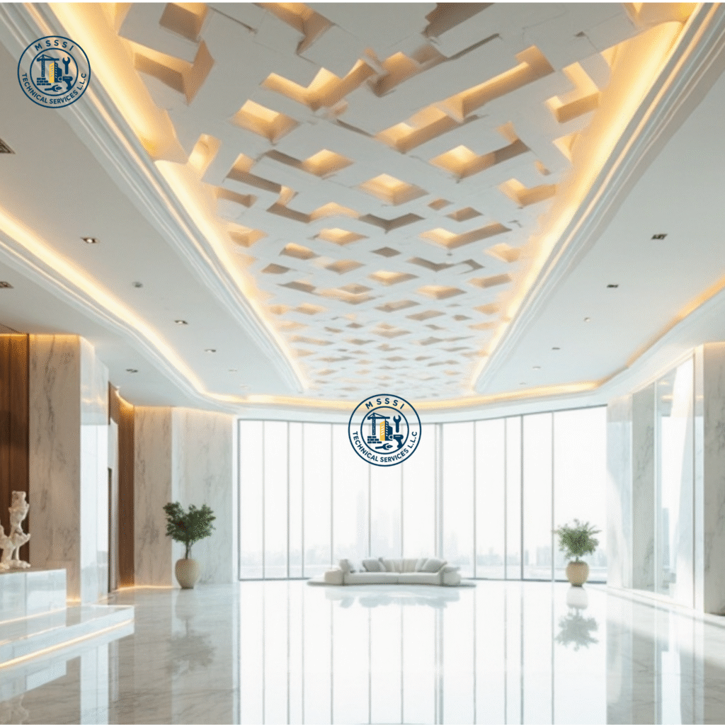 Professional installation of a modern white gypsum false ceiling with seamless LED cove lighting in a Dubai office.
