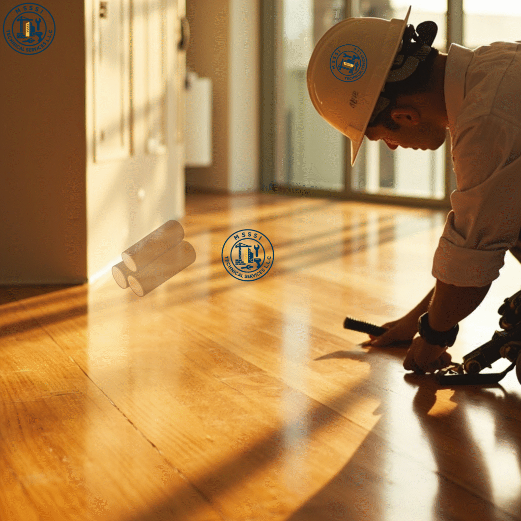 Expert carpenter making a precision cut for custom wood cabinetry with luxury wood flooring installation in background.