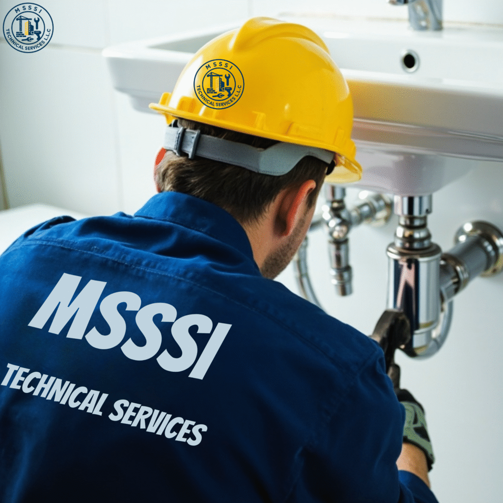 Professional plumber performing precise installation of a modern wall-mounted faucet and water connections in a Dubai bathroom.
