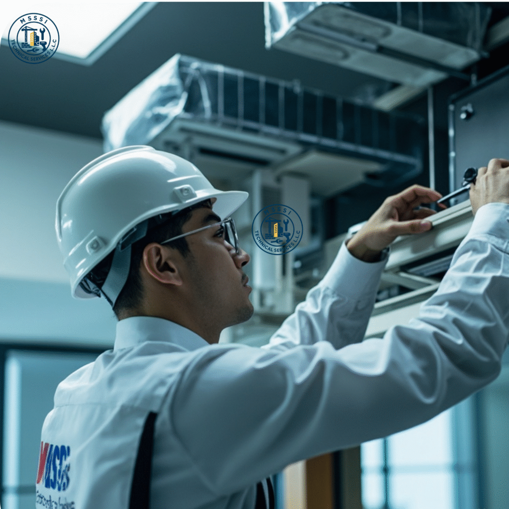 HVAC technician performing precision maintenance on a VRF condensing unit on a commercial rooftop in Dubai.