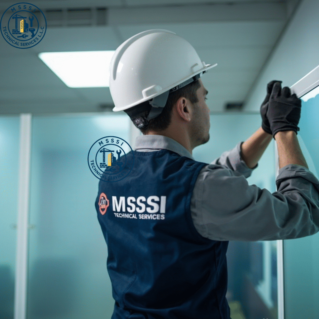 Professional installation of a metal stud gypsum board partition during an office fit-out in Dubai.